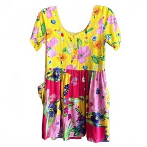 Jams World Womens Yellow Pink Floral Babydoll Dress Size XS Cottage